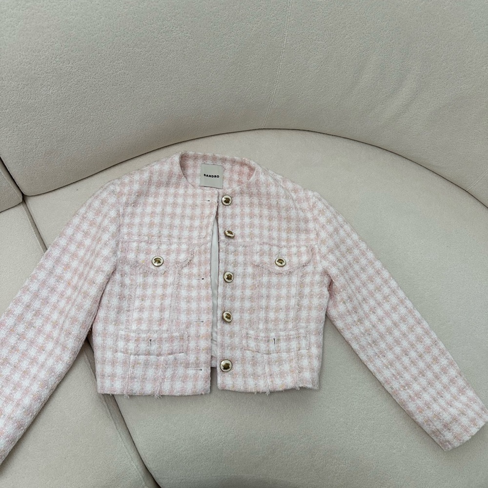 Sandro Pink Gingham Tweed Cropped Blazer
